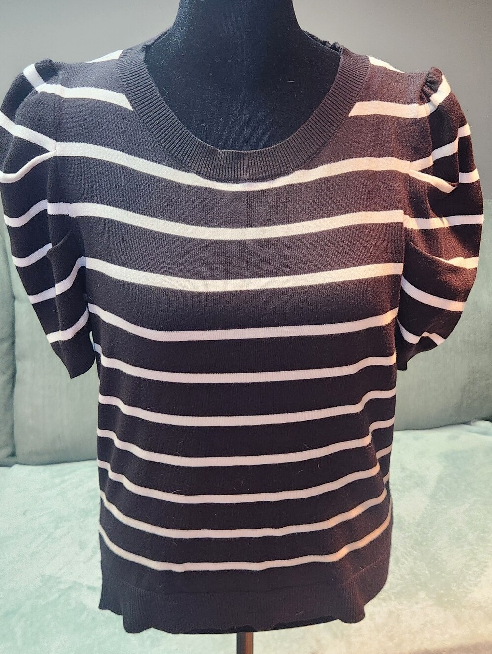 Haeof Striped Puff Sleeve Knit Top - Black and White Small Like New!